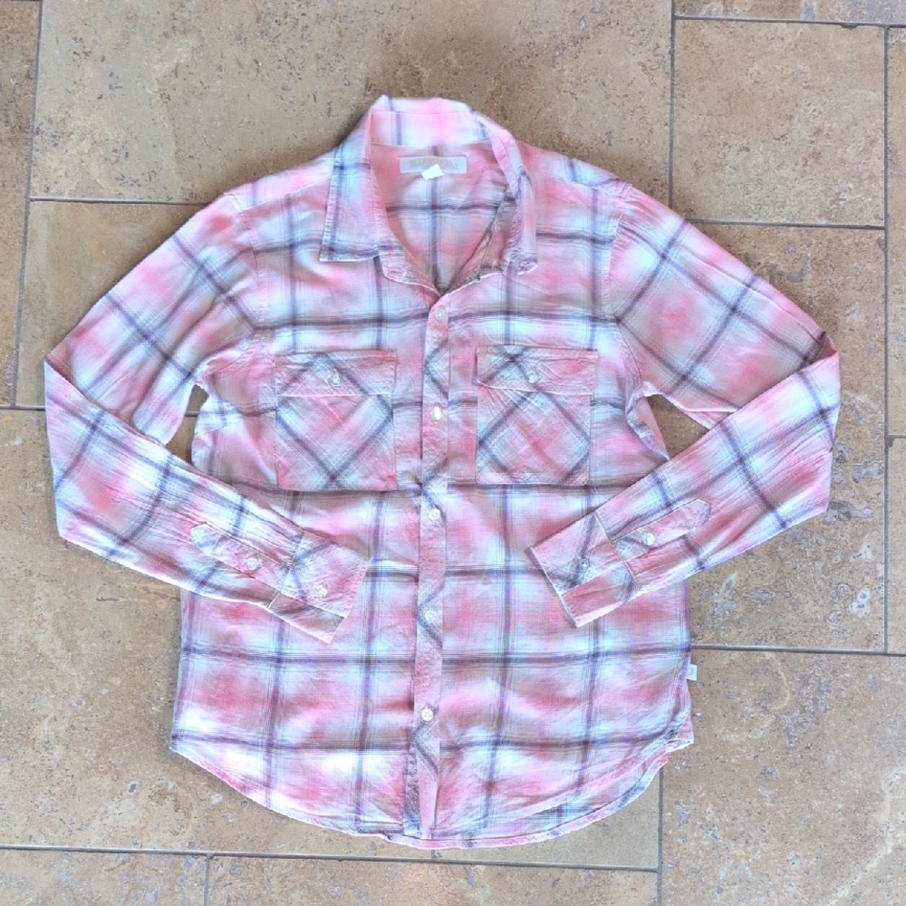 True Religion ladies button down shirt. Pink, grey, and cream plaid. Size S.